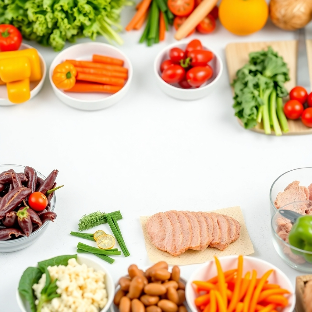 A stylized image showing a healthy meal prep session, with colorful vegetables and proteins laid out. The composition should be visually appealing, with vibrant colors and clean lines. The lighting should be bright and cheerful, creating a positive atmosphere.  The style should be clean, modern, and subtly aspirational, evoking a sense of ease and enjoyment in healthy eating. Use a slightly elevated camera angle, capturing the entire work space.  The image should be richly textured and visually stimulating.