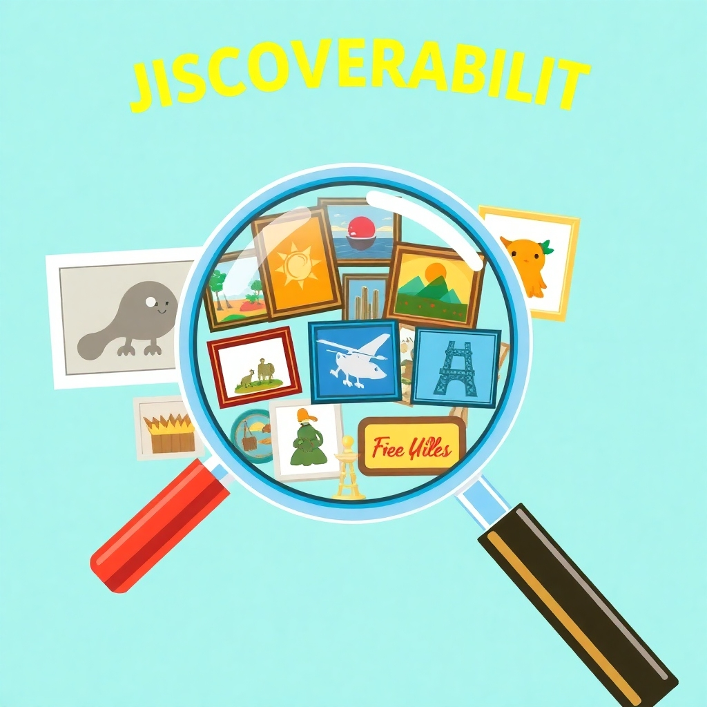 A stylized image showing a magnifying glass revealing a diverse array of artwork pieces. The focus should be on the discoverability aspect.  Use clean graphics and bright, eye-catching colours.