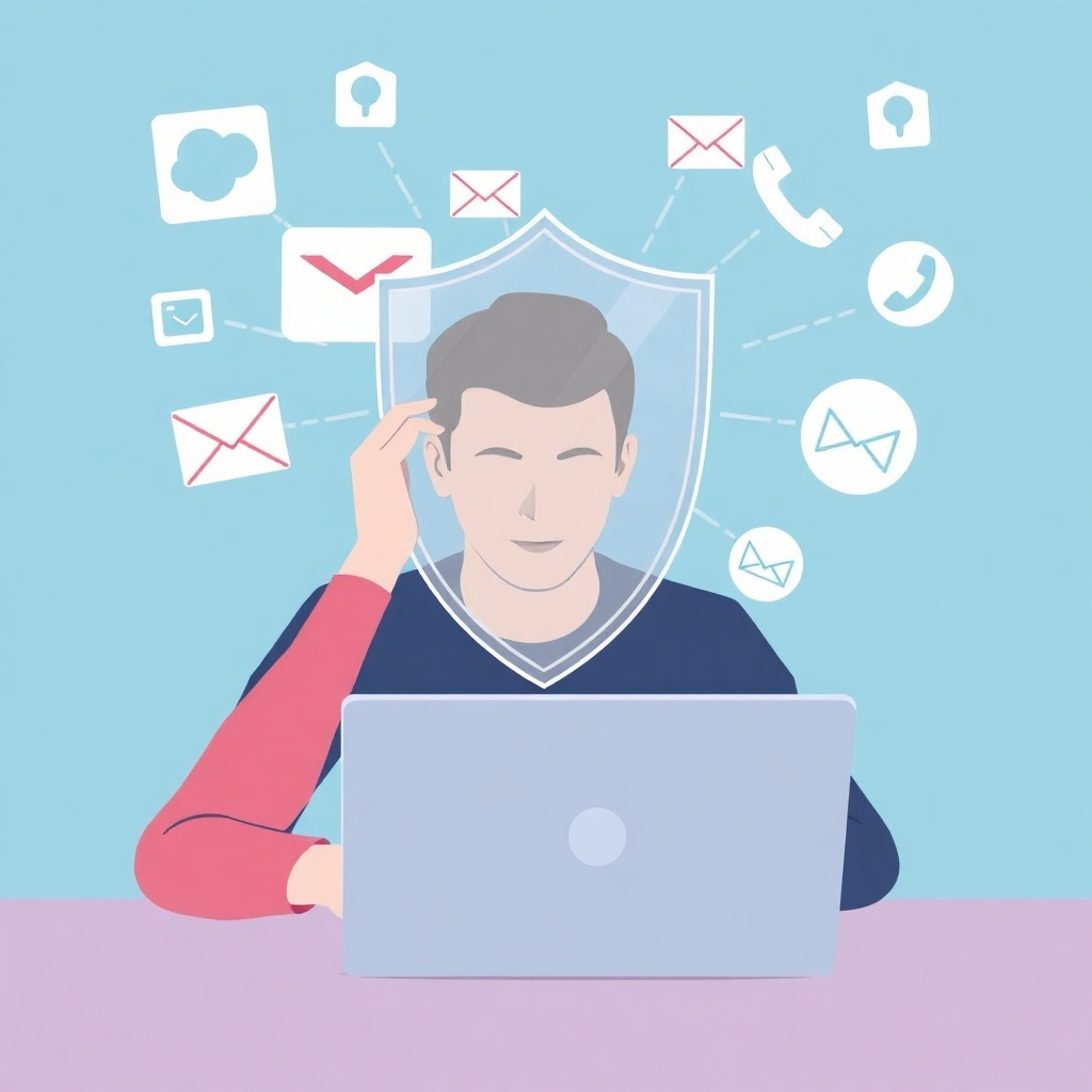 A stylized image showing a person working on a laptop with a shield protecting them from various distractions like social media notifications, emails, and phone calls. The shield is translucent, symbolizing awareness and control over distractions.