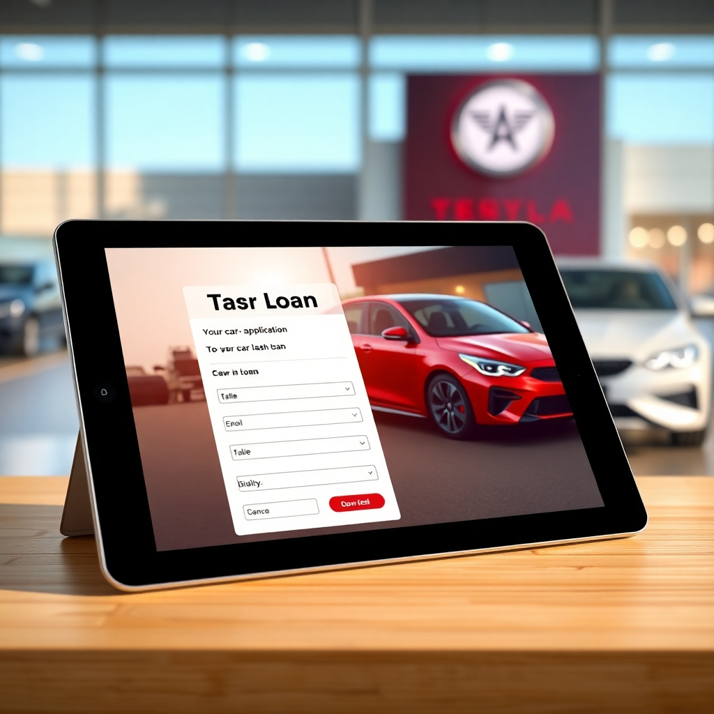 A stylized image showing a sleek, modern tablet displaying a car loan application alongside a photo of a customer's trade-in vehicle and their new car parked outside a dealership.  Focus on the ease and simplicity of the process, emphasizing the digital tools available.