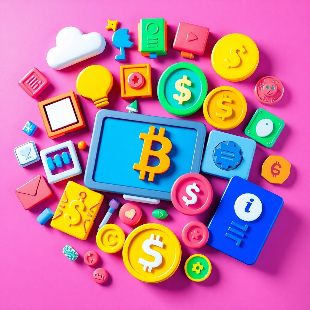 A stylized image showing various online business tools, marketing icons, and currency symbols arranged in a visually appealing way.  The style should be vibrant and energetic. The color palette should be bright and bold. Use dynamic lighting and a playful arrangement to showcase a sense of fun and energy. Aim for a 4K resolution, high-quality and visually attractive.