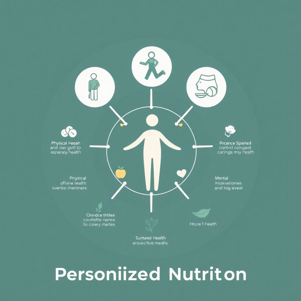 A stylized image symbolizing the holistic nature of health, such as an infographic with interconnected elements representing physical, mental, and emotional well-being, visually connected to personalized nutrition. The design should be clean, modern, and visually engaging, highlighting the interconnectedness of various factors contributing to overall health and well-being.  The use of simple yet meaningful icons, vector graphics, and clear typography is recommended.  The color palette should be calming and natural.