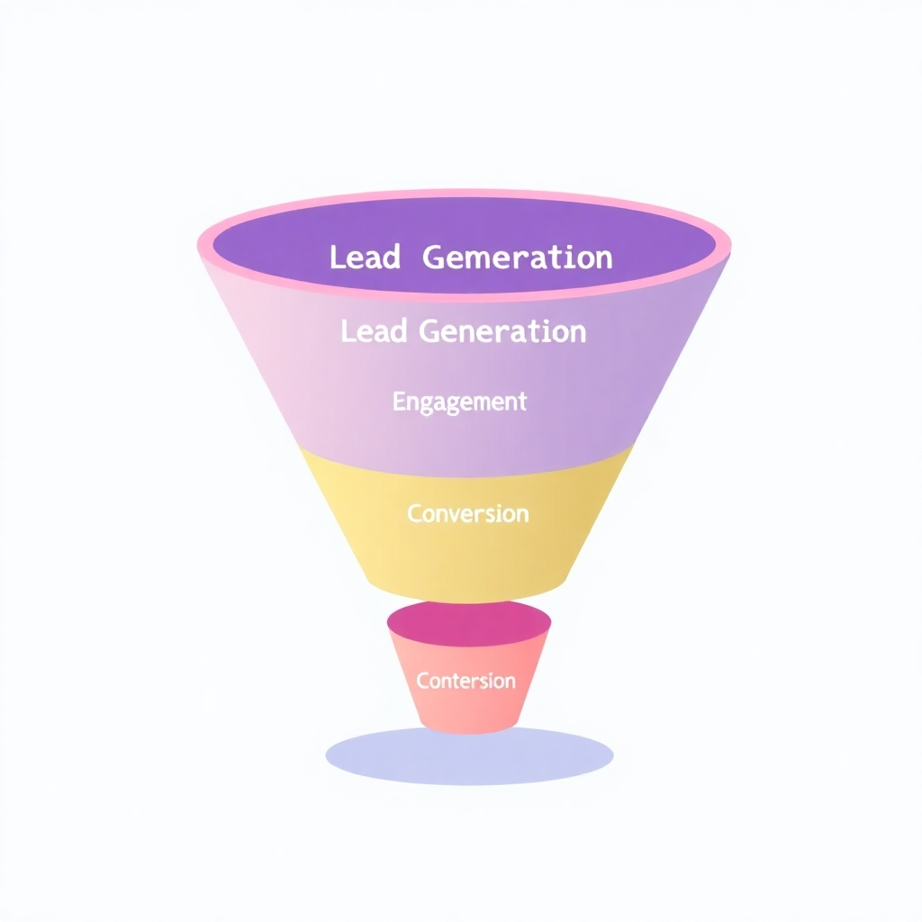 A stylized image visualizing a funnel, representing the process of lead generation, engagement, and conversion. The style should use a clean, modern aesthetic with bright colors to represent the different stages of the funnel.