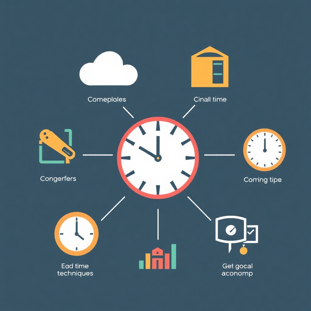 A stylized image with icons and data visualizations representing key time management techniques that entrepreneurs can use to get more things done.