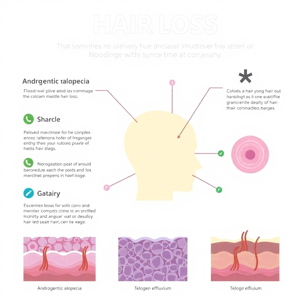 A stylized infographic explaining different types of hair loss (e.g., androgenetic alopecia, telogen effluvium) with simple icons and clear text. Use a color scheme that’s both informative and visually appealing. The style should be modern and clean, easy to understand at a glance.  Include visuals of microscopic hair follicles to show different stages of hair growth.