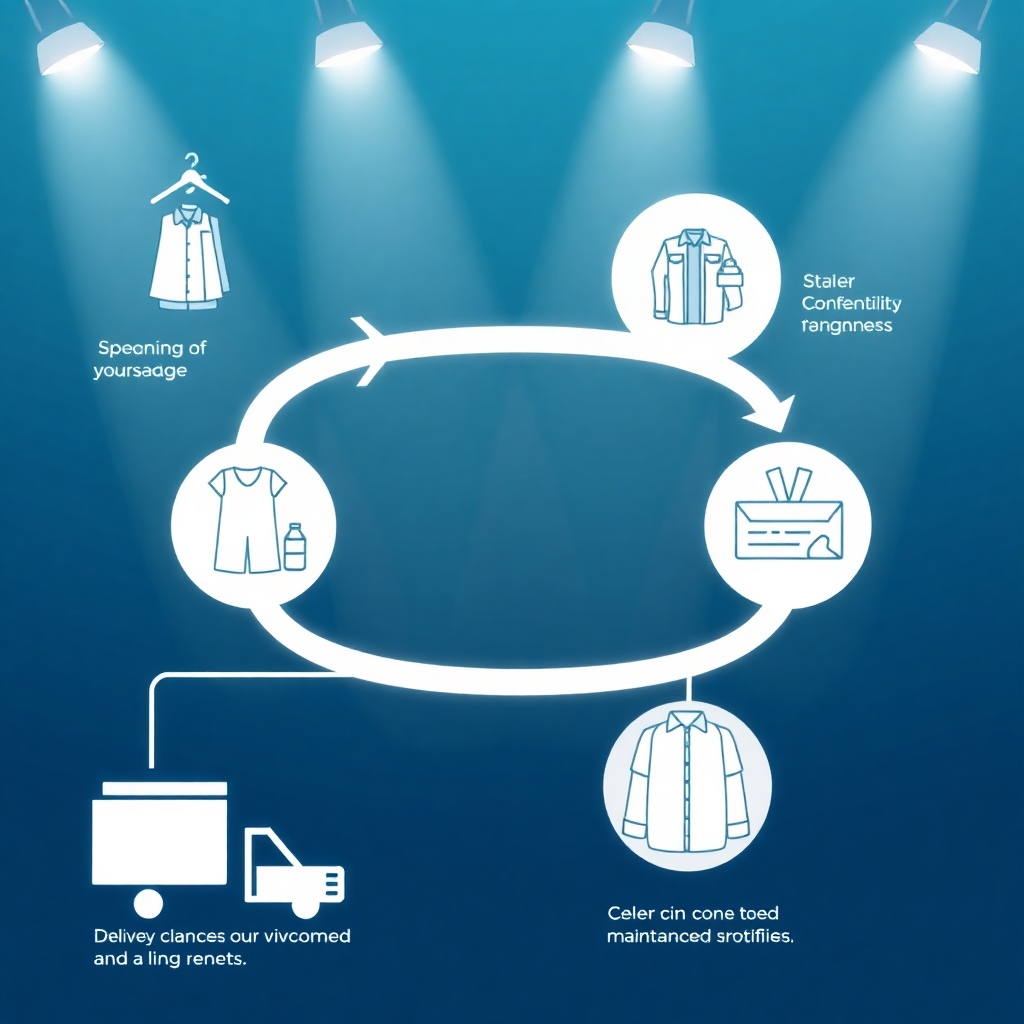 A stylized infographic illustrating the key steps in the clothing rental process, from cleaning and maintenance to delivery and return. The use of a clean modern aesthetic will ensure the clarity and professionalism of the information. The lighting should be bright and inviting.  The image must be high quality, conveying the efficiency of the business processes.