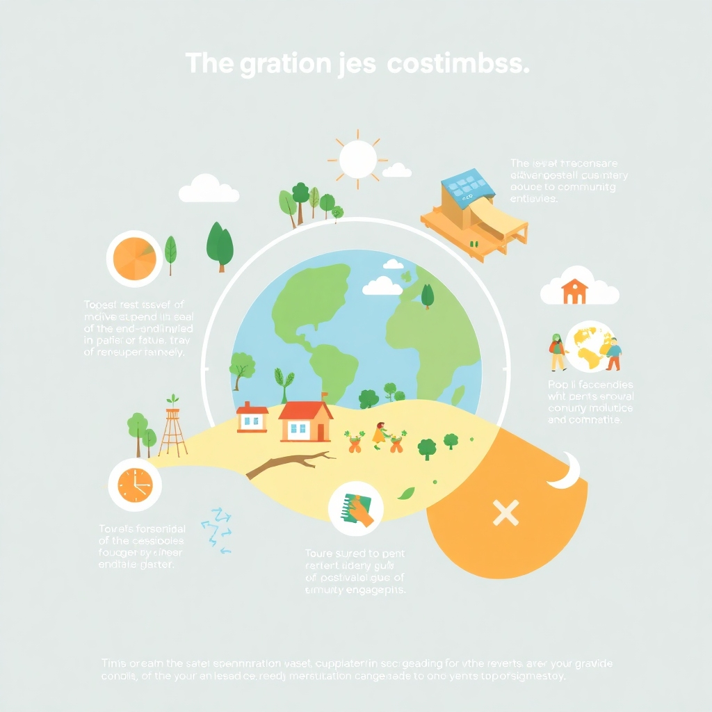 A stylized infographic showcasing the long-term goals and sustainability initiatives of your platform.  Use visuals to represent things like reduced carbon footprint, waste reduction, and community engagement. The overall style should be clean, modern, and inspirational. The image must be high quality and communicate the vision for your platform's future.