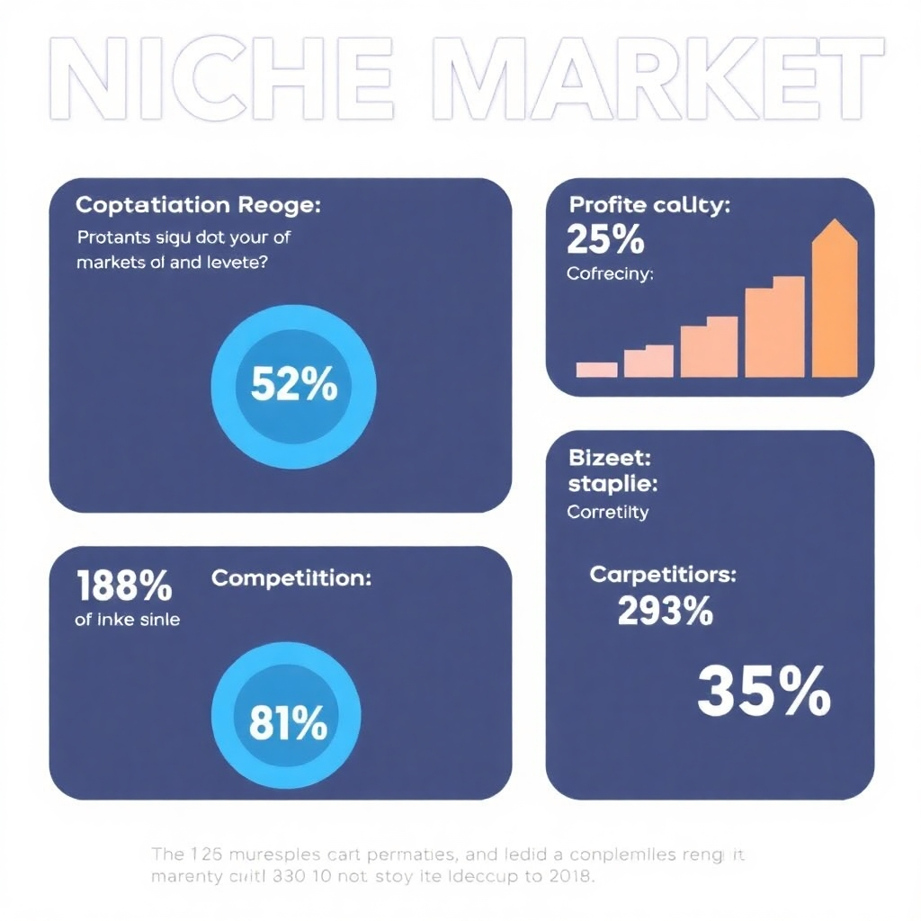 A stylized infographic showing various niche market segments, each with data points representing their size, profitability, and competition level. Use a clean, modern aesthetic with clear visuals and data representation.