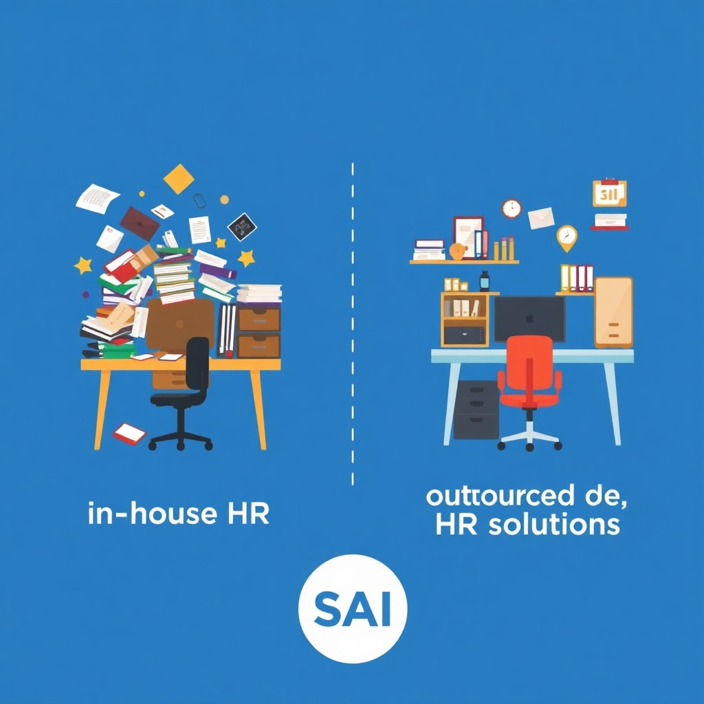 A stylized infographic showing the comparison between a chaotic, cluttered desk representing in-house HR and a clean, organized desk representing outsourced HR solutions with the SAI logo.