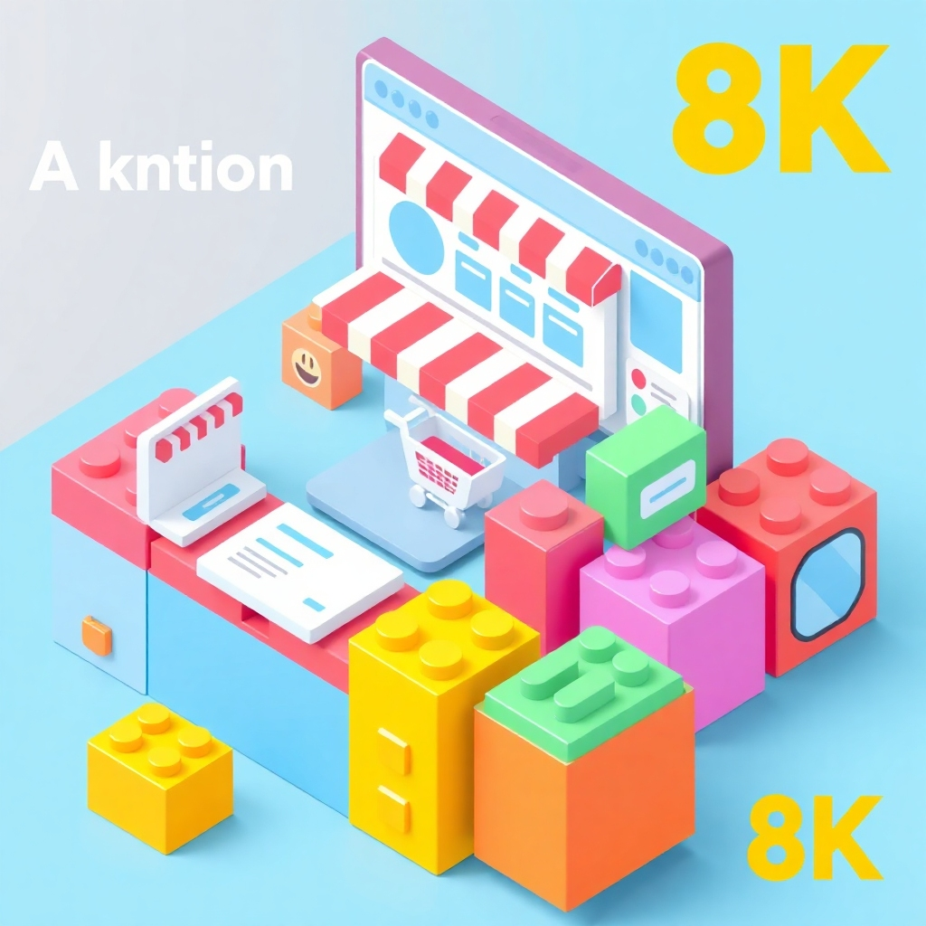 A stylized, isometric illustration of a user interface builder, resembling building blocks being assembled into a fully functional online storefront. Different blocks represent different components like product listings, shopping carts, and payment gateways. Bright, cheerful colors are used to differentiate the components. The perspective is from slightly above, looking down on the assembly process. The style is clean and modern, with a playful yet professional tone. Technical specs: 8K resolution, stylized rendering.