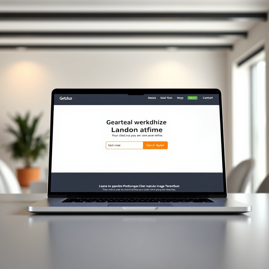 A stylized, photorealistic image of a sleek landing page design displayed on a laptop screen. The landing page features a prominent call-to-action button and a persuasive headline. The background is a clean, modern office environment. Soft, diffused lighting highlights the laptop screen. Camera angle is a close-up shot, emphasizing the design details and the call-to-action button. Style: Modern, clean, and visually appealing. Technical Specs: 8K resolution, photorealistic rendering with subtle design elements.