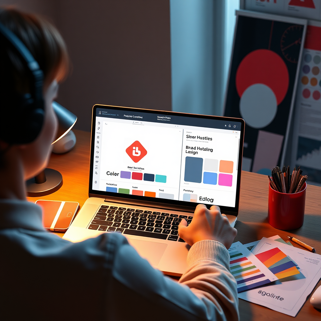 A stylized, photorealistic image depicting a person creating a brand identity for their side hustle. The scene should feature a laptop displaying a logo design, color palettes, and font selections. The lighting should be modern and sleek, emphasizing the importance of visual branding. Use a color palette of complementary colors to convey professionalism and creativity. The camera angle should be a high-angle shot, showcasing the person's workspace and the branding elements. Props include design software, color swatches, and a mood board. The style should be minimalist and modern, reflecting the importance of a strong brand identity. Technical specs: 8K resolution, hyperrealistic.