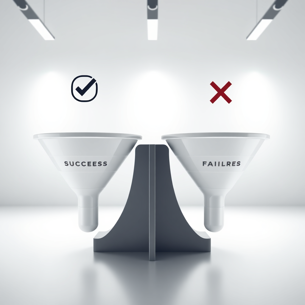 A stylized, photorealistic image of two identical sales funnels side-by-side, each with subtle differences in design and messaging. Above each funnel is a symbol: one a checkmark (success), the other an 'x' (failure). The background is a clean, minimalist studio environment. Soft, diffused lighting highlights the two funnels. Camera angle is a medium shot, emphasizing the comparison. Style: Clean, modern, and experimental. Technical Specs: 8K resolution, photorealistic rendering with design variations.