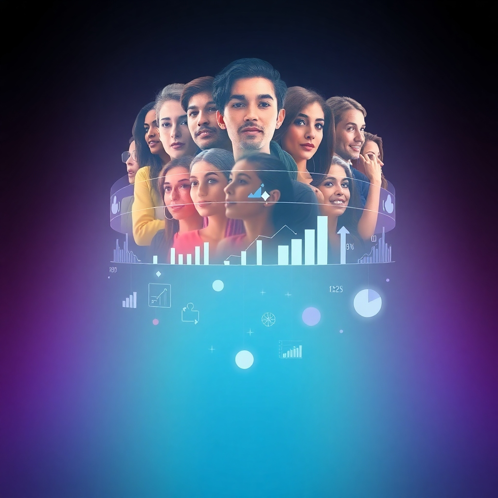 A stylized photorealistic image featuring a multi-layered graphic representing audience segmentation. The top layer shows diverse faces, subtly overlapping. Below, data points and analytics symbols float, visually connecting to demographic categories. The background uses soft gradient lighting, shifting through colors representing different audience segments. The overall feel is high-tech, modern, and analytical, conveying audience understanding. Camera angle is a mid-shot, focusing on the layered effect.  Technical specs: 8K resolution, hyperrealistic rendering.