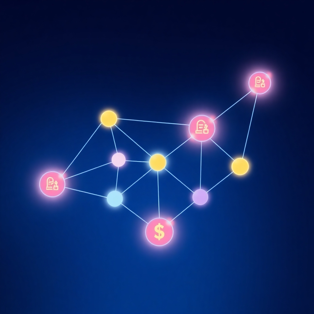 A stylized representation of interconnected nodes forming a network, symbolizing passive income streams. Each node represents a different income source, such as affiliate marketing, digital products, or investments. The nodes are brightly colored and connected by flowing lines of light, indicating the seamless flow of income. The background is a deep blue, creating a sense of depth and sophistication. The overall style is clean and modern, with a focus on visual clarity. The artwork should emphasize the interconnectedness and growth potential of passive income. Resolution: 4K, digital art.
