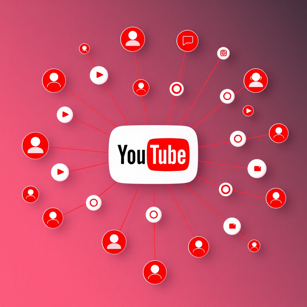 A stylized representation of the YouTube platform. The central focus is a video player surrounded by interconnected nodes representing subscribers, likes, comments, and views. The nodes are arranged in a network, symbolizing the interconnectedness of the YouTube ecosystem. The color palette is inspired by the YouTube brand, with vibrant reds and whites. The style is modern and clean, resembling a UI/UX design. The resolution is 8K.