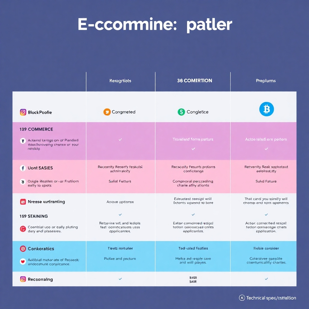 A stylized, visual comparison chart showcasing different e-commerce platforms. Each platform is represented by its logo and key features. The chart is designed with clean lines and clear typography. The color scheme is vibrant and informative, with different colors used to highlight the strengths of each platform. The style is modern and professional, making it easy to compare options. Technical specs: 8K resolution, stylized rendering.