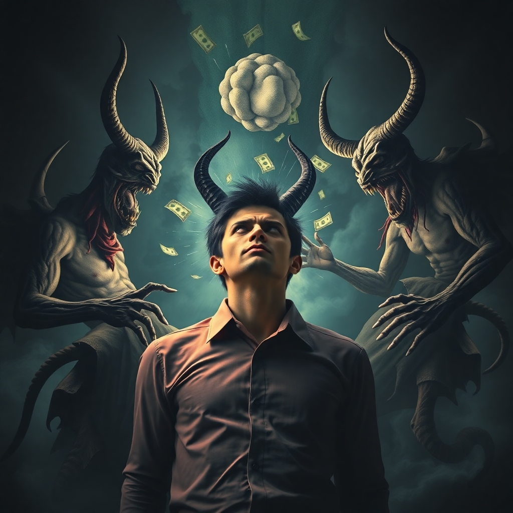 A surreal, dreamlike image depicting a person confronting and overcoming inner demons representing limiting beliefs about money. Use dark and light contrasts to highlight the struggle and eventual triumph.
