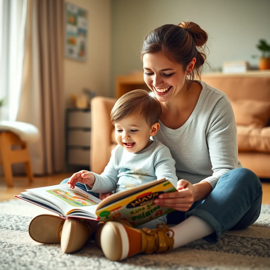 A teacher is sitting on the floor with a young child, reading a storybook together. They both have big smiles on their faces, and the teacher is pointing at the illustrations, engaging the child in the story. The room is warm and inviting, with soft lighting and cozy furniture, creating a comfortable and supportive environment for the interaction.
