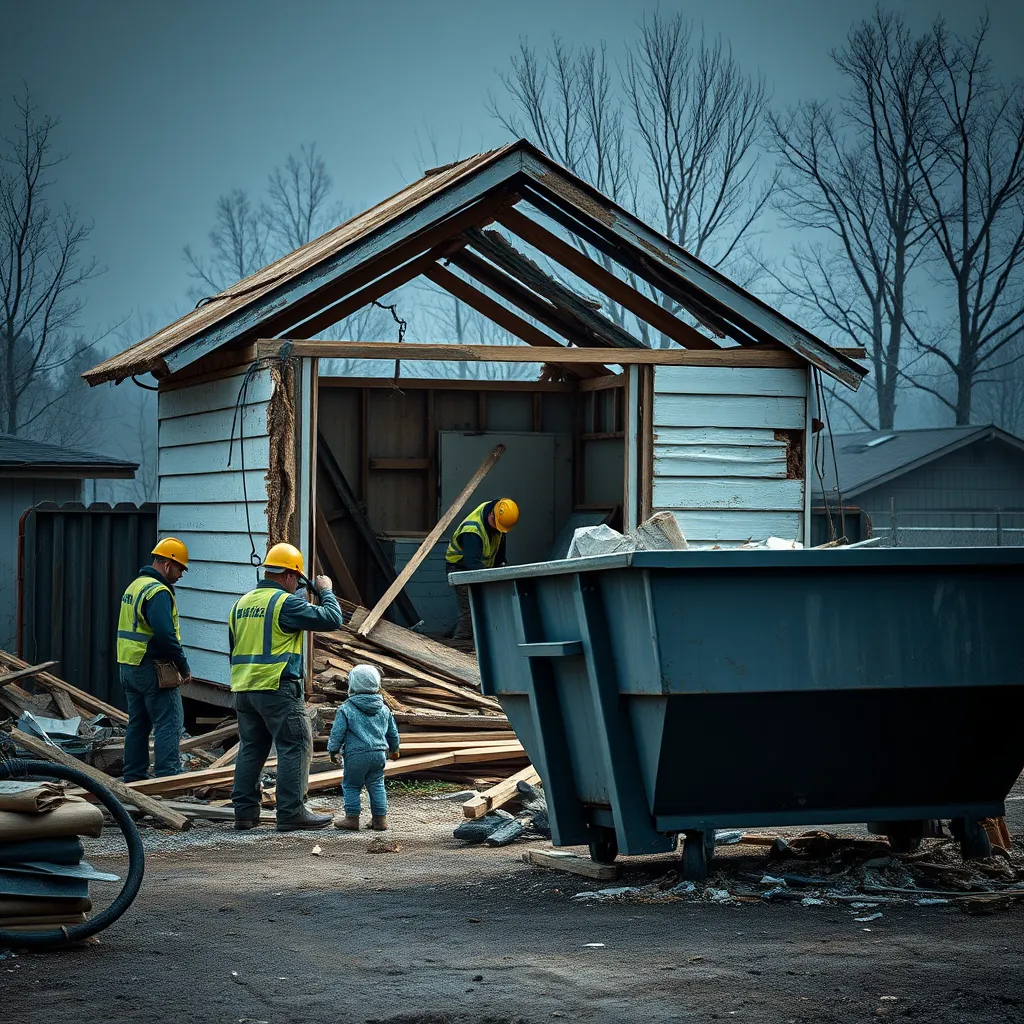 A team of construction workers carefully dismantling a dilapidated shed while a large dumpster is positioned nearby. The image should show the process of demolition in a safe and controlled environment, with a focus on the efficient removal of debris and a clean work area.
