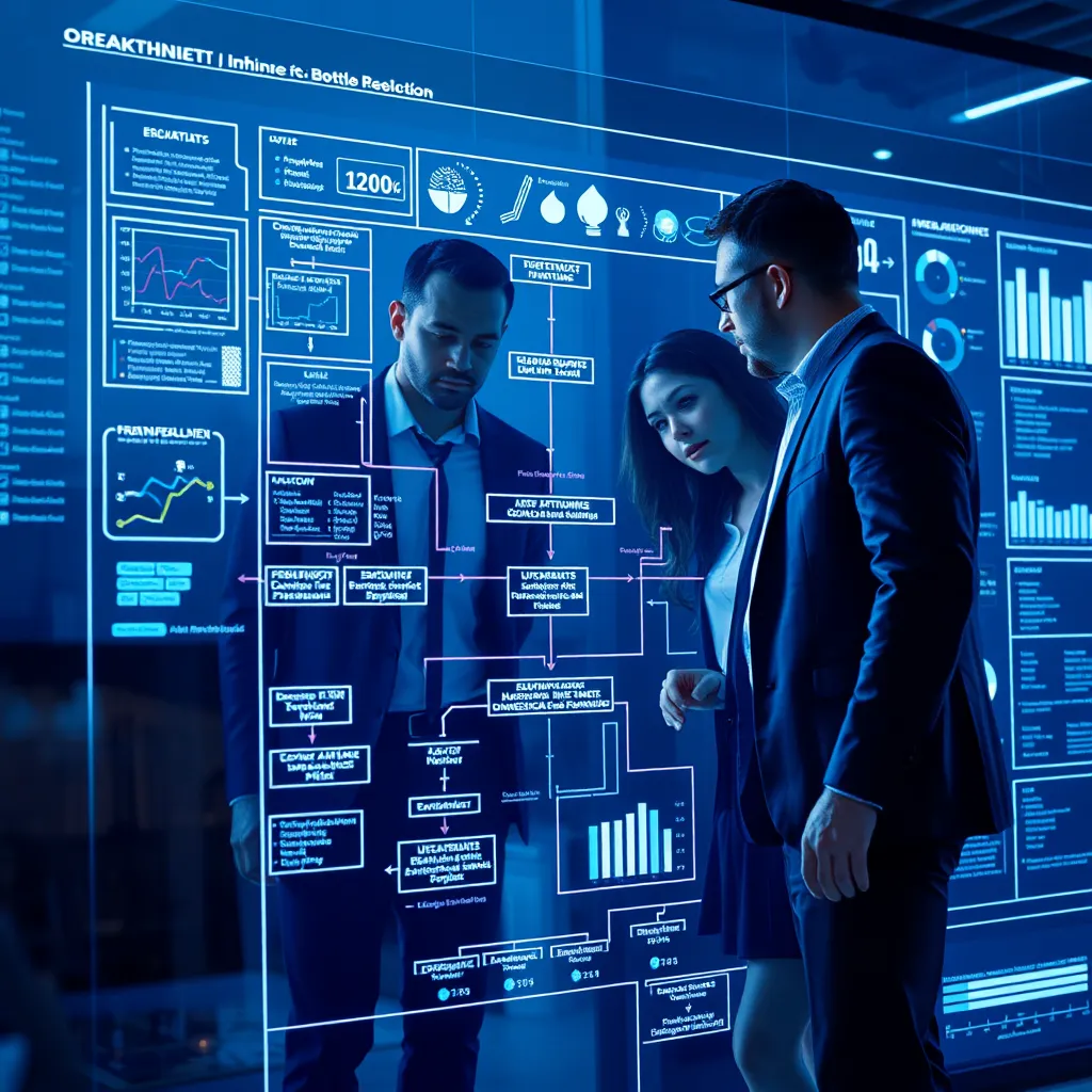A team of consultants working together on a digital flowchart, analyzing data and identifying bottlenecks in a complex process. The image should convey the concept of optimization, streamlining, and achieving efficiency through strategic intervention.