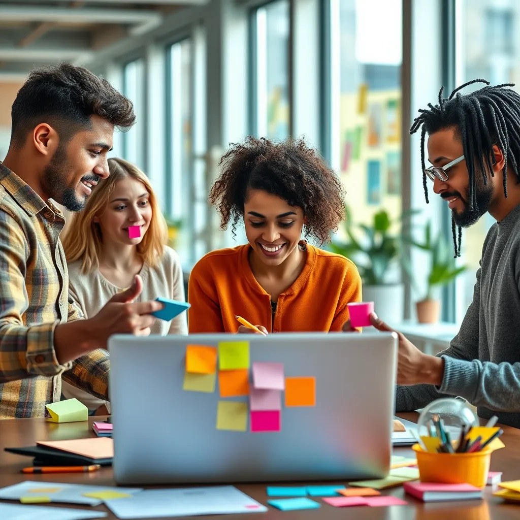 A team of diverse content writers working collaboratively on a laptop, surrounded by colorful sticky notes and brainstorming ideas. The background is a modern office with natural light, showcasing a vibrant and creative atmosphere.