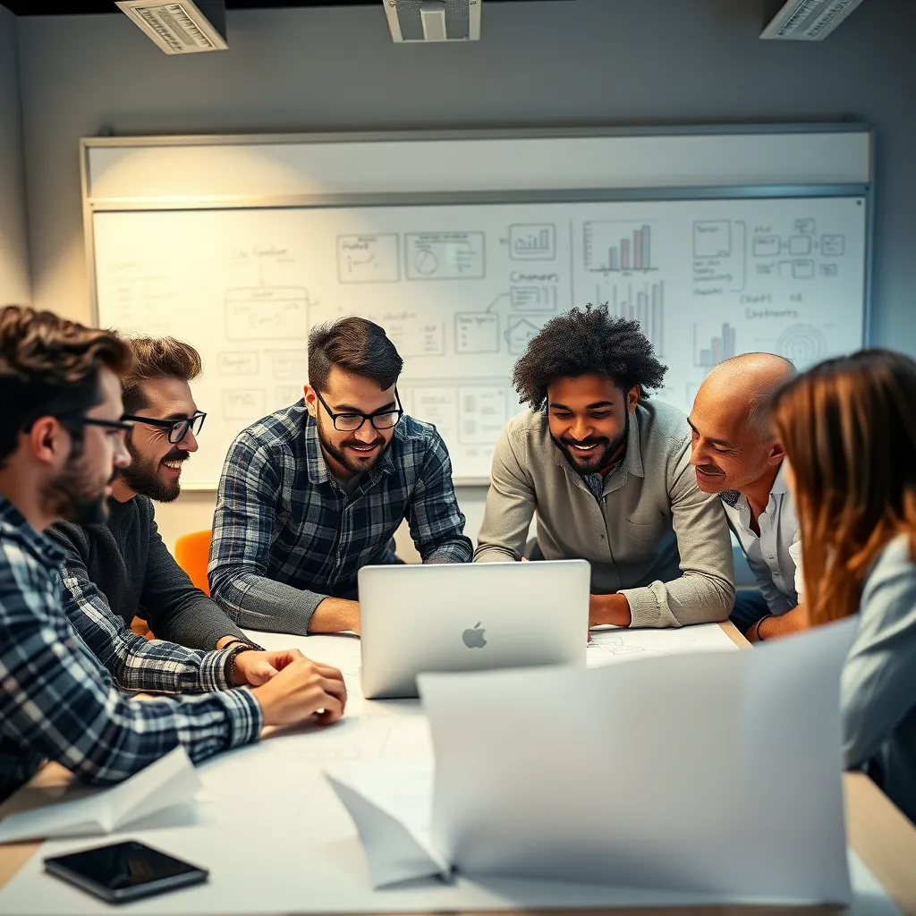 A team of diverse developers working together on a laptop, surrounded by sketches and diagrams, brainstorming and designing a custom software solution for a client. The room is bright and modern, with a whiteboard filled with ideas and notes. Focus on the team's collaborative spirit and the software development process.