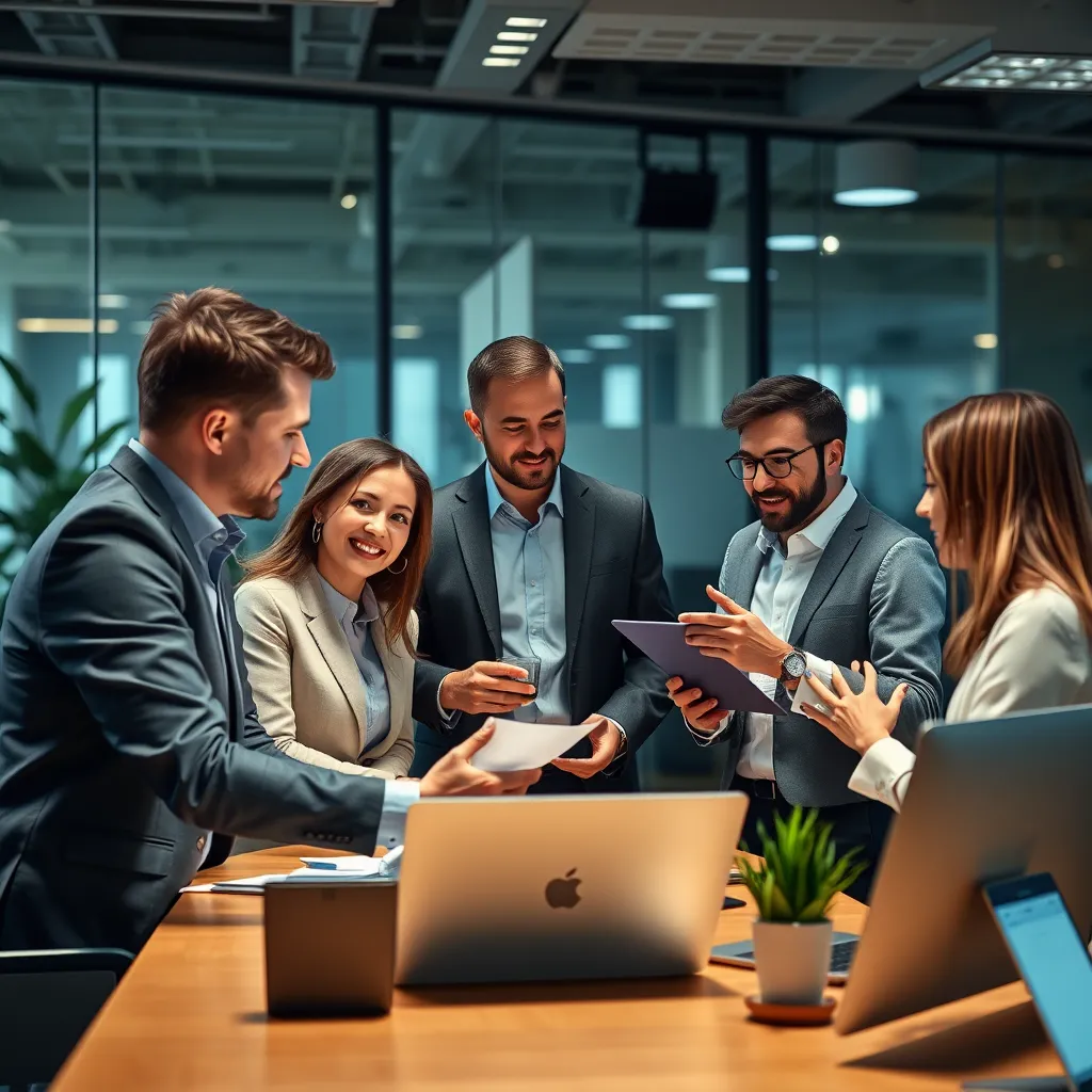 A team of recruiters collaborating in a dynamic office environment, discussing candidate profiles and providing personalized guidance to both hiring managers and candidates. The image should convey a sense of teamwork and dedication to finding the ideal fit.