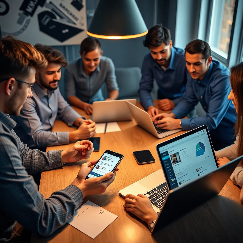 A team of young professionals brainstorming around a table, surrounded by digital devices and laptops. Focus on social media platforms like Facebook, Instagram, and Twitter. Include a phone displaying engaging social media content with high engagement metrics and a laptop showing a social media management dashboard.