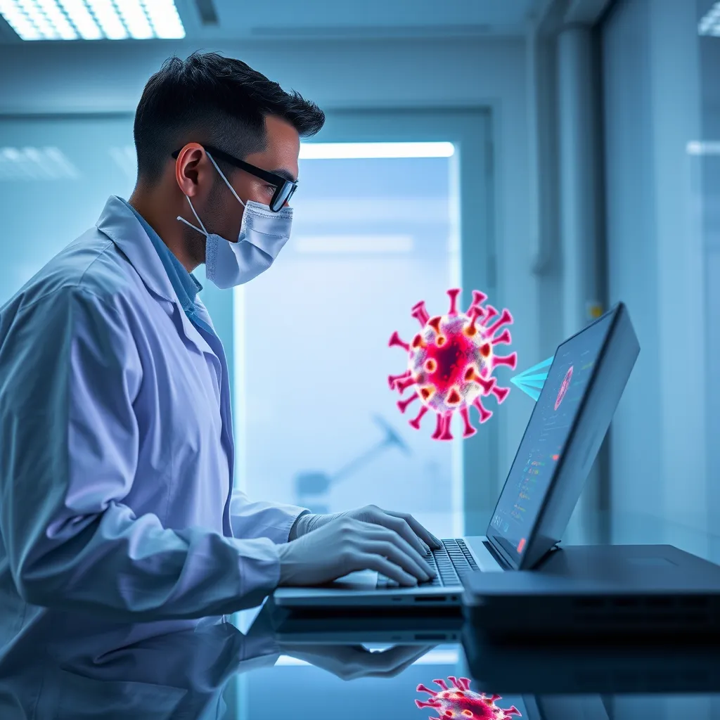 A technician in a cleanroom environment working on a laptop, using specialized software to scan for viruses. The technician is wearing a lab coat and gloves, and the laptop screen displays a colorful visualization of a virus being removed.