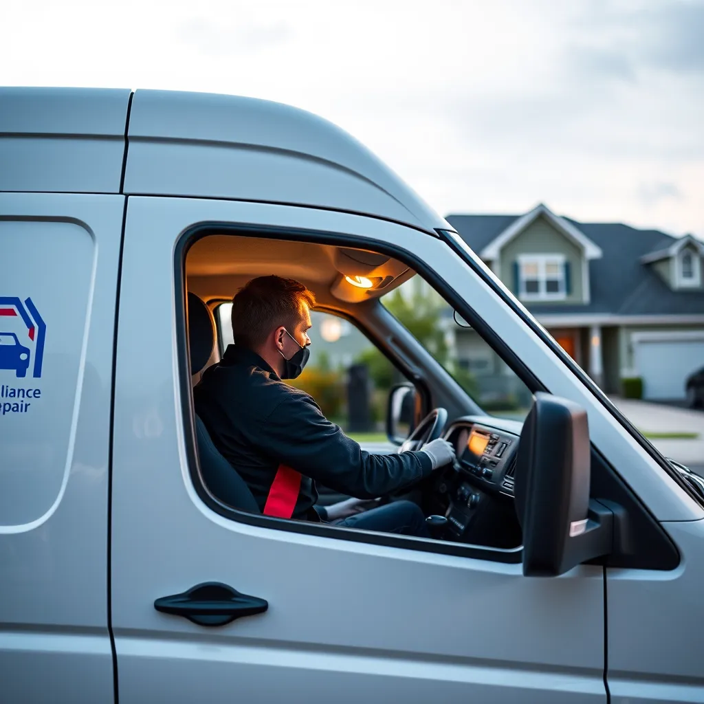 A technician in a van, driving towards a house with a sign that reads 'SAITS4U Appliance Repair'. The van is clean and modern, with a logo that reflects professionalism and reliability.
