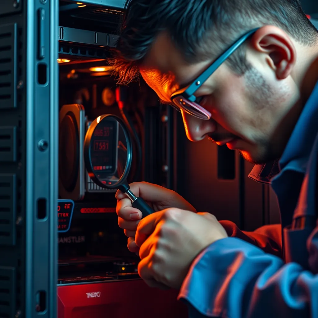 A technician using a screwdriver to open a desktop computer case, inspecting the internal components with a magnifying glass. The image should have a warm, inviting light, highlighting the technician's focus and expertise.
