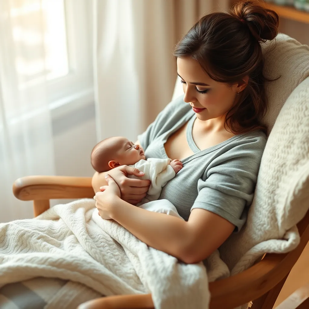A tender and loving scene depicting a new mother cradling her newborn baby in her arms. The mother is comfortably sitting in a rocking chair, surrounded by soft blankets and pillows. The baby is peacefully sleeping, nestled close to its mother's chest. The room is filled with natural light, casting a soft glow on the scene. The image should convey a sense of peace, love, and contentment, highlighting the bond between mother and child. A photorealistic image with a soft focus and warm color palette, showcasing the beauty of new motherhood. Rendered in a style reminiscent of a classic portrait, capturing the quiet intimacy of this special moment.