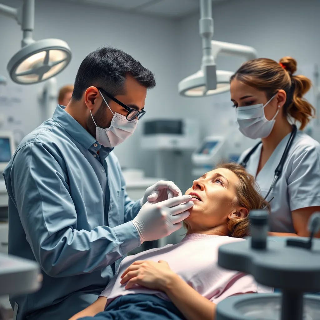 A tense but hopeful scene of a patient receiving emergency dental care at SAITS4U Dentist. The dentist is focused and professional, working diligently to address the patient's dental emergency. The room is bright and sterile, filled with medical equipment and tools. The patient is in a dental chair, being comforted by a nurse while receiving treatment. The image should portray a sense of urgency and professionalism, while still conveying compassion and empathy for the patient's discomfort. Rendered in high resolution with realistic details, capturing the texture of the medical tools, the patient's worried expression, and the bright, sterile environment.