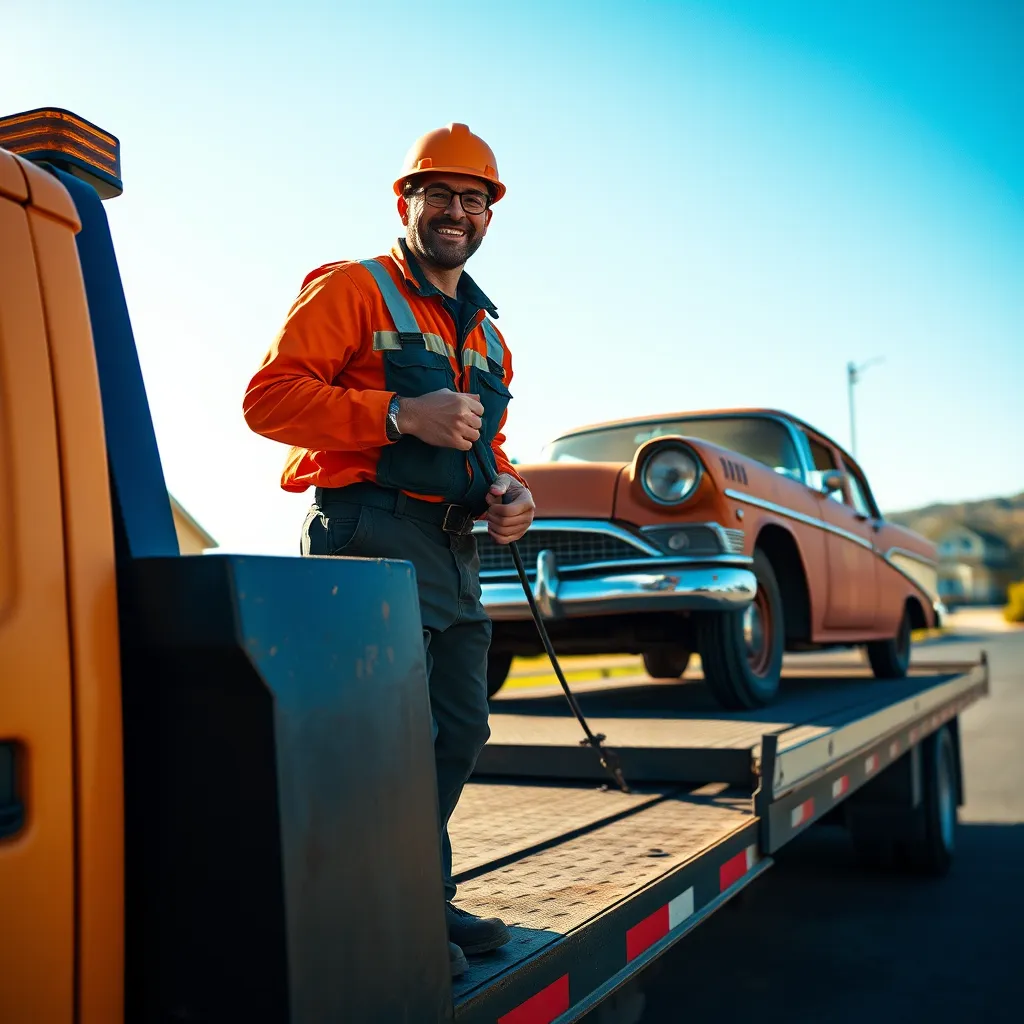 A tow truck driver in a bright orange uniform is smiling as they hook a rusty old car with a tow cable and drive it away on a flatbed tow truck. The background is a sunny, blue sky and a paved street with a small suburban neighborhood in the distance.