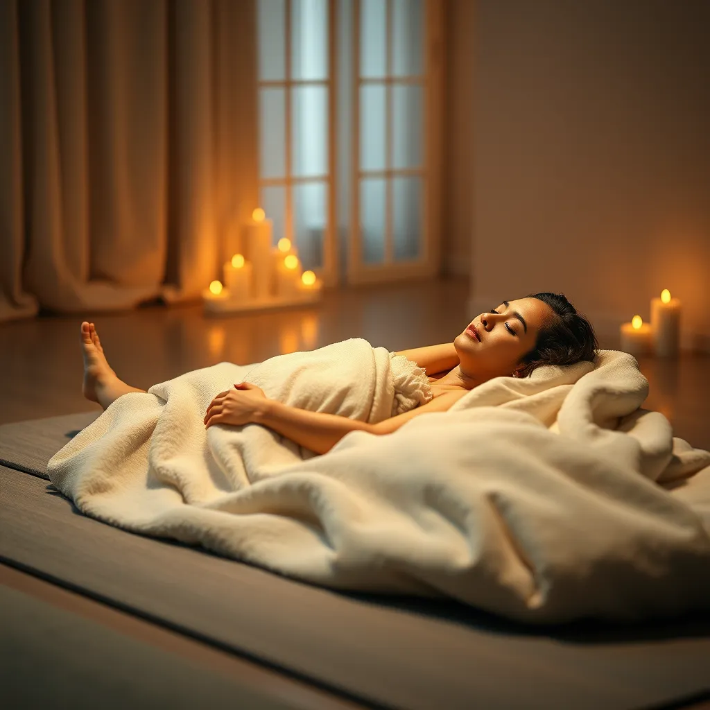 A tranquil room lit by soft, candlelight. A single individual, lying comfortably on a plush, luxurious yoga mat, enveloped in a soft, light blanket, is immersed in a restorative yoga pose, such as Supta Baddha Konasana (Reclining Bound Angle Pose). The room is adorned with subtle, calming hues, creating a sense of peace and tranquility. The image should focus on the individual's relaxed expression, with a gentle focus on the subtle details of the pose. Capture the soft, luxurious textures of the blanket and mat, the gentle play of light and shadow, and the sense of deep relaxation emanating from the individual. Render the image in a photorealistic style, emphasizing the softness and serenity of the scene.
