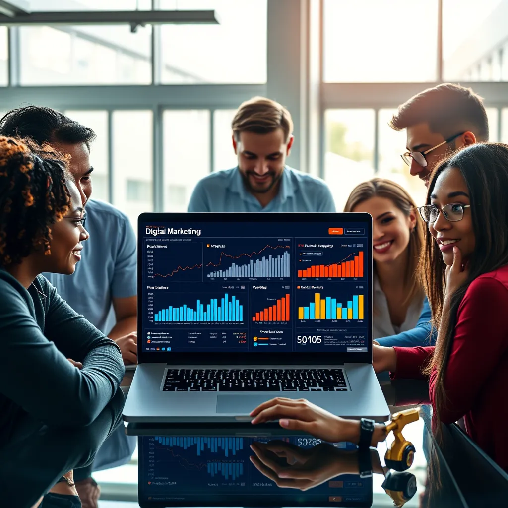 A vibrant, dynamic image showcasing a team of diverse professionals collaborating on a digital marketing strategy. Capture a laptop screen displaying data analytics, keywords, and website traffic, with graphs and charts highlighting growth and engagement. The background should be a modern, open-plan office with natural light streaming through large windows. The lighting should be bright and airy, emphasizing the team's energy and collaboration. The image should have a high-resolution, photorealistic style, with sharp details and a focus on the technology and data elements.
