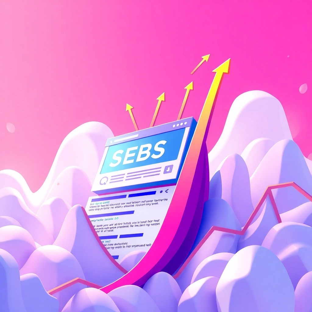 A vibrant, infographic-style illustration showing a website soaring upwards in a search engine results page (SERP).  The website should be clearly identifiable. Arrows pointing to relevant keywords and other SEO elements should also be visually highlighted.  The overall style should be modern and clean.