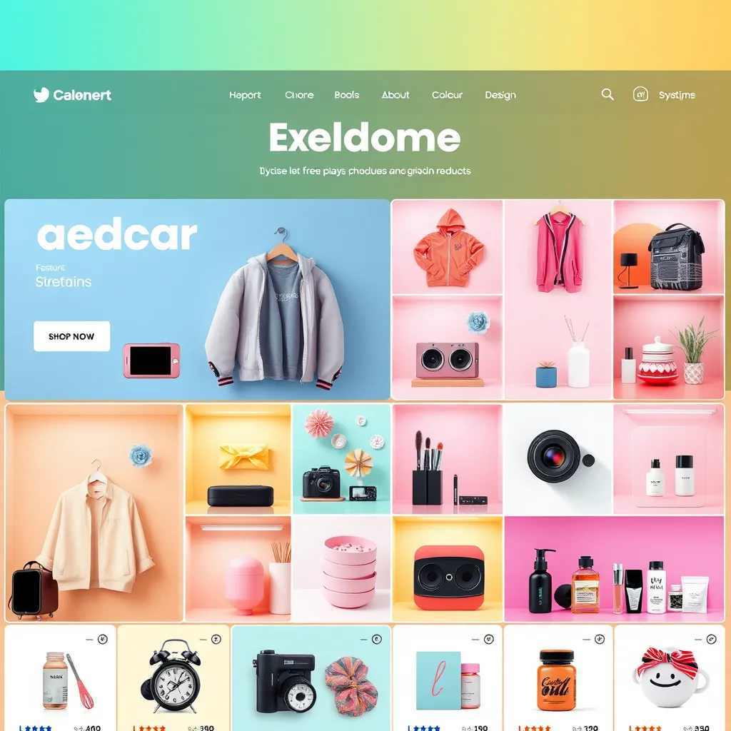 A vibrant, modern e-commerce website interface showcasing a diverse range of products. Include fashion clothing, electronics, home decor, and beauty items in a visually appealing grid layout. The website design should be clean, user-friendly, and visually engaging.