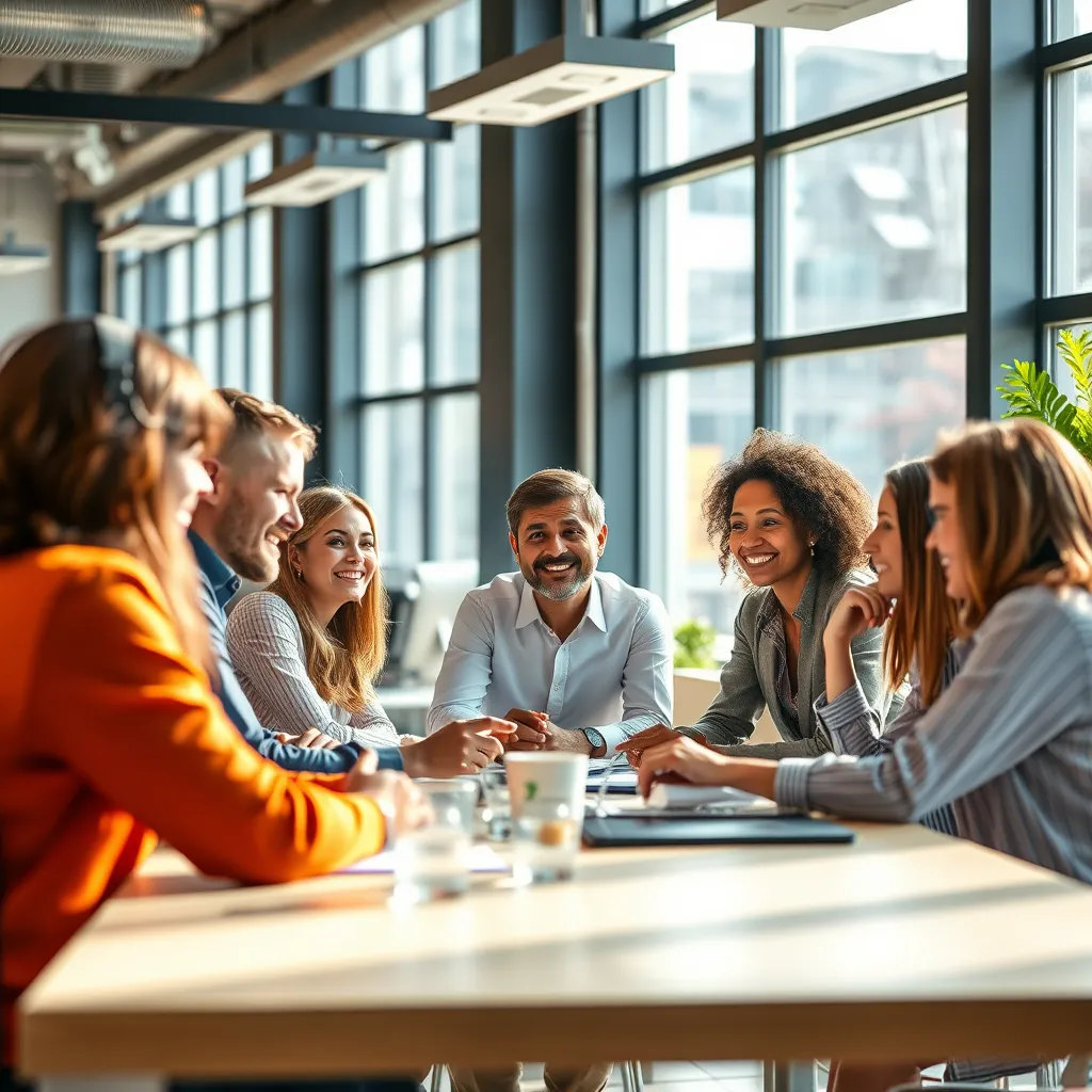 A vibrant, modern office setting with a diverse group of professionals gathered around a table, engaged in a lively discussion. Natural light streams through large windows, illuminating the scene. The focus is on the team's positive energy and collaborative spirit. The image should convey a sense of innovation, growth, and opportunity. Capture a dynamic composition with a close-up perspective on the team, emphasizing their individual personalities and skills. Render the image with photorealistic details, showcasing the intricate textures of clothing, furniture, and the surrounding environment. The color palette should be warm and inviting, reflecting a welcoming and inclusive company culture.  The scene should be framed in a way that emphasizes the team's connection and shared goals. Render the image with 8K resolution and hyperrealistic details, ensuring a high-quality and visually captivating final output.  