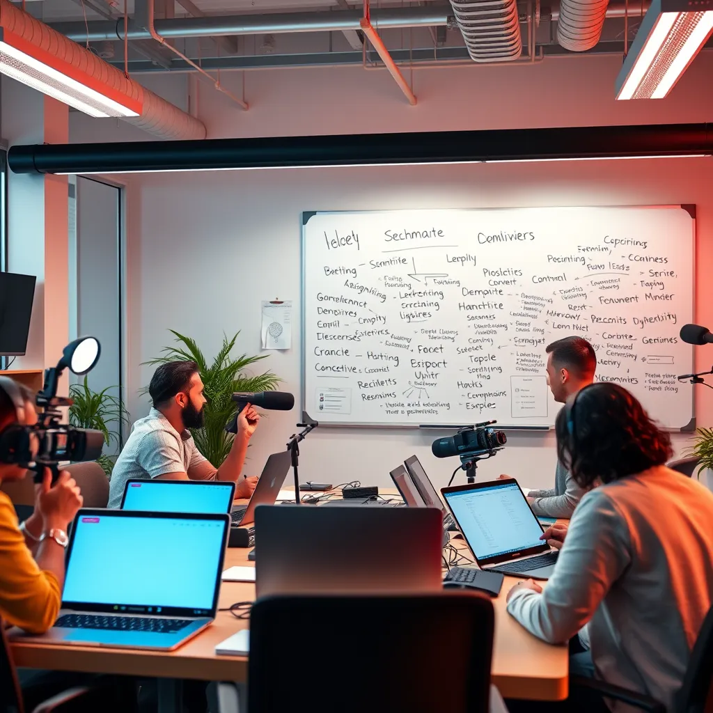 A vibrant, modern office space with a team of content creators collaborating on a project. The scene includes laptops, tablets, cameras, microphones, and a whiteboard filled with ideas and keywords.