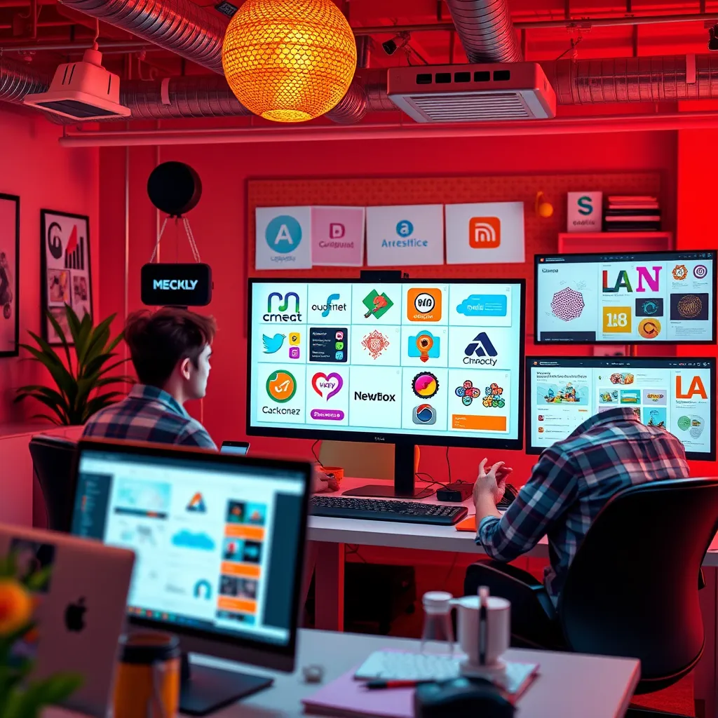 A vibrant, modern office space with a team of designers collaborating on a computer, showcasing a variety of graphic design projects on the screen, including logos, illustrations, and website mockups. The atmosphere is creative and energetic, with bright colors and interesting textures.