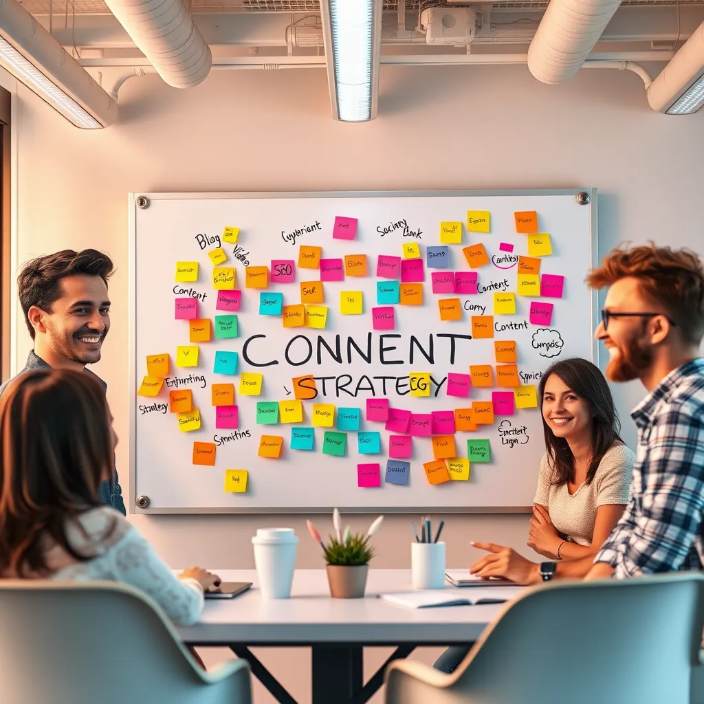 A vibrant, modern office with a team brainstorming around a whiteboard covered in colorful sticky notes with keywords like 'blog', 'video', 'social media', 'SEO', and 'content strategy'. The team is smiling and interacting enthusiastically, representing collaboration and creativity in content creation.