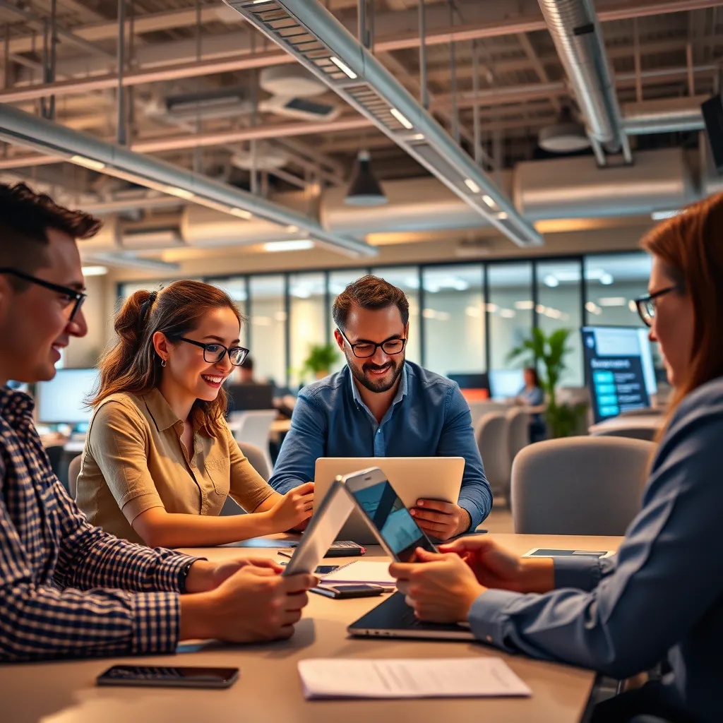 A vibrant, open office space with employees collaborating on laptops and tablets, accessing data and applications through cloud services.  The image should depict a modern work environment with seamless cloud integration and a focus on collaboration.