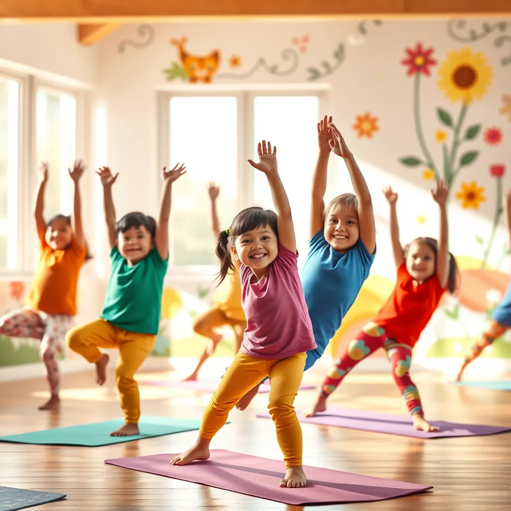 A vibrant, playful scene of children dressed in colorful yoga outfits, practicing animal yoga poses in a sunlit indoor space.  The background features a whimsical mural of animals and flowers, and soft, natural light streams through large windows.  The children's expressions are joyful and engaged, highlighting their enjoyment of the poses. Render in a hyperrealistic style, with attention to detail in the textures of the clothes, the children's skin, and the vibrant colors of the mural. Focus on capturing the movement and energy of the poses.  8K resolution, ultra-detailed, with a warm, inviting color palette.