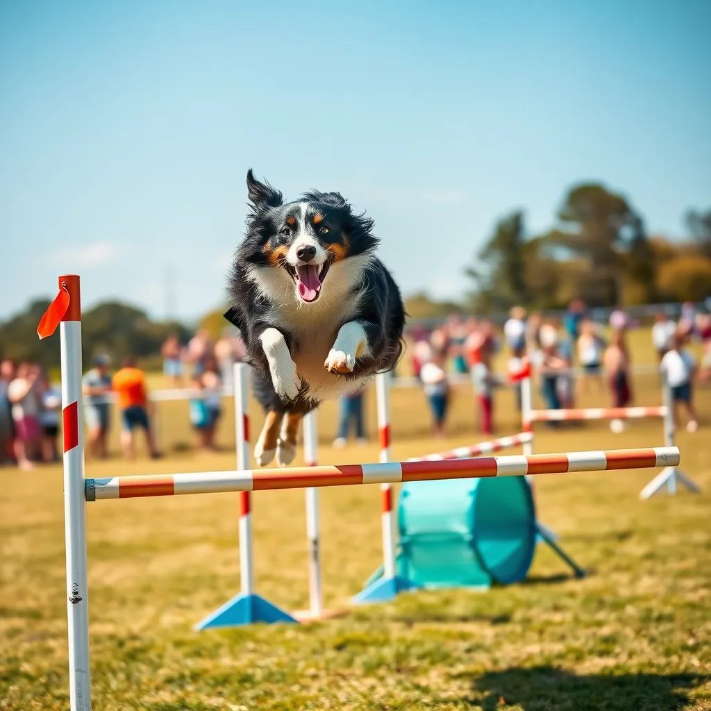 A vibrant and action-packed image in a dynamic composition, capturing a Border Collie in mid-air as it navigates an agility course. The dog leaps over a high jump hurdle, its body stretched taut and its tongue lolling out in joyful exertion. The course includes a weave pole, a tunnel, and a teeter-totter, showcasing the dog's athleticism and agility. The background is a bright, sunny outdoor training field, with a blurred background of excited spectators. The image evokes a sense of speed, energy, and accomplishment. 8K resolution, motion blur effect, capturing the dog's movement with dynamic detail.