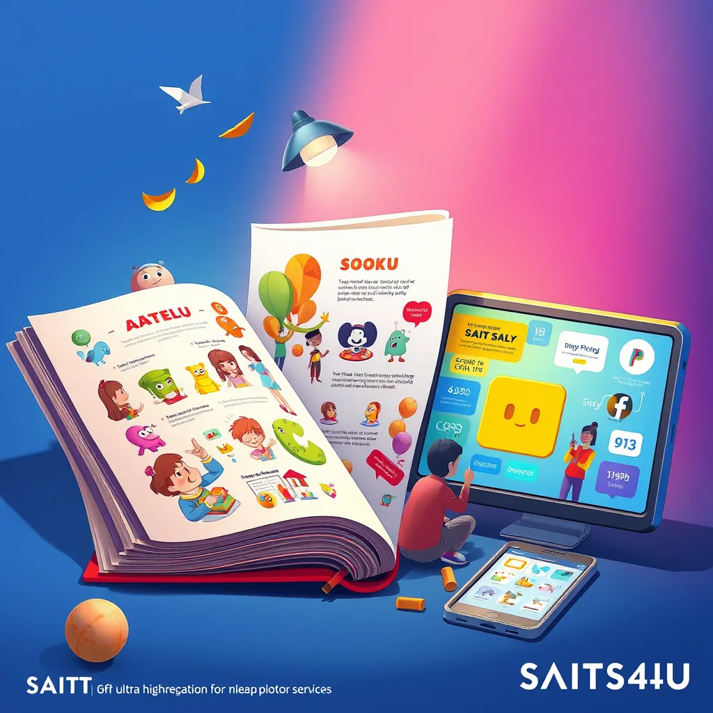 A vibrant and colorful illustration showcasing a diverse set of illustrations. The image should depict a book with whimsical characters, a marketing brochure with professional graphics, and a digital screen with engaging animations.  All elements should be visually appealing and demonstrate the versatility of SAITS4U's illustration services.