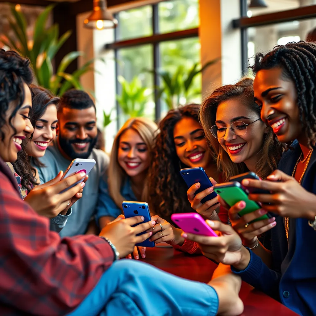 A vibrant and colorful image of a diverse group of people interacting on their smartphones, showcasing various social media platforms like Instagram, Facebook, and Twitter. The composition should be dynamic and energetic, with people smiling and laughing, sharing content, and engaging in conversations. The scene should be set in a modern and trendy cafe, with warm, natural lighting and a backdrop of greenery. The overall mood should be positive, fun, and interactive, emphasizing the social and engaging nature of social media marketing. Render in 8K resolution with hyperrealistic detail, capturing the lively expressions on people's faces and the fine details of their clothing and accessories.