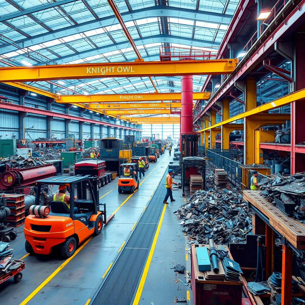 A vibrant and colorful image of a Knight Owl metal recycling facility, with a modern, industrial design. The facility is bustling with activity, with forklifts moving scrap metal, conveyor belts transporting materials, and workers in safety gear operating machinery. The lighting is bright and airy, creating a sense of energy and productivity. The colors are bold and saturated, reflecting the diverse array of metals being recycled. The camera angle is wide, showcasing the entire facility and its various operations. The image is rendered in 8K resolution with hyperrealistic detail and textures. 