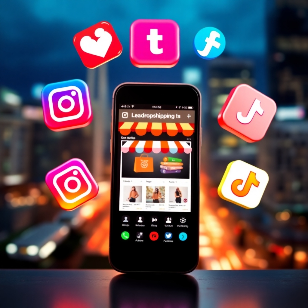 A vibrant and colorful, photorealistic image depicting social media icons (Facebook, Instagram, TikTok) swirling around a central smartphone displaying a successful dropshipping store interface. The background is a blurred cityscape at night, symbolizing the global reach of online marketing. The lighting is dynamic and energetic, emphasizing the fast-paced nature of social media. Focus on the textures and details of the phone and the icons. The camera angle is a slightly elevated shot to capture the entire scene.